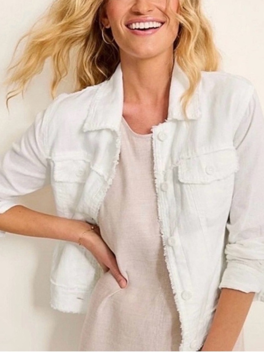 Tommy Bahama Two Palms 100% Linen- Raw Edge Button Up Lightweight White Sz L EUC